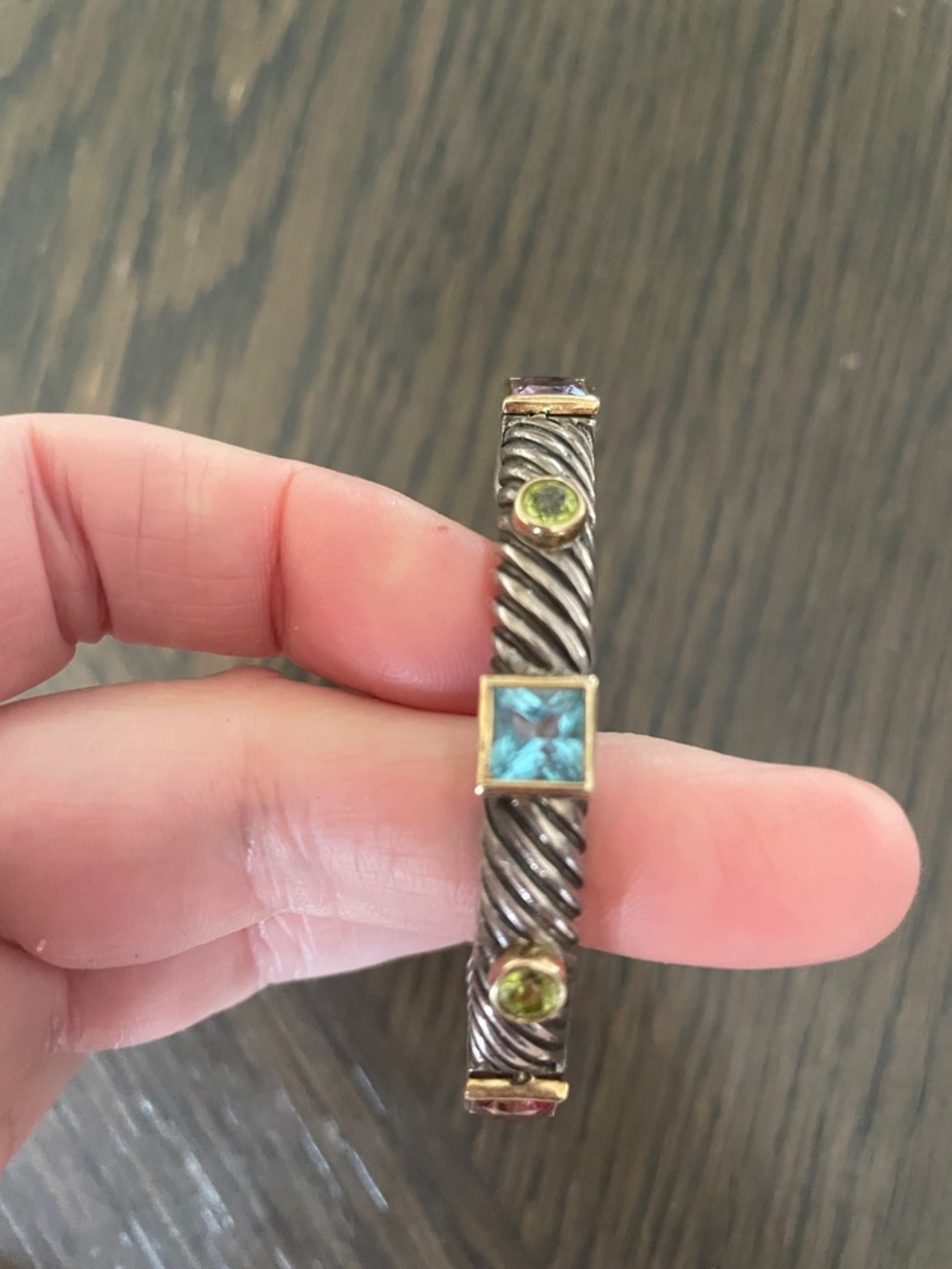 Sterling silver cuff with gemstones bezel set in 14k gold. - Picture 6 of 10